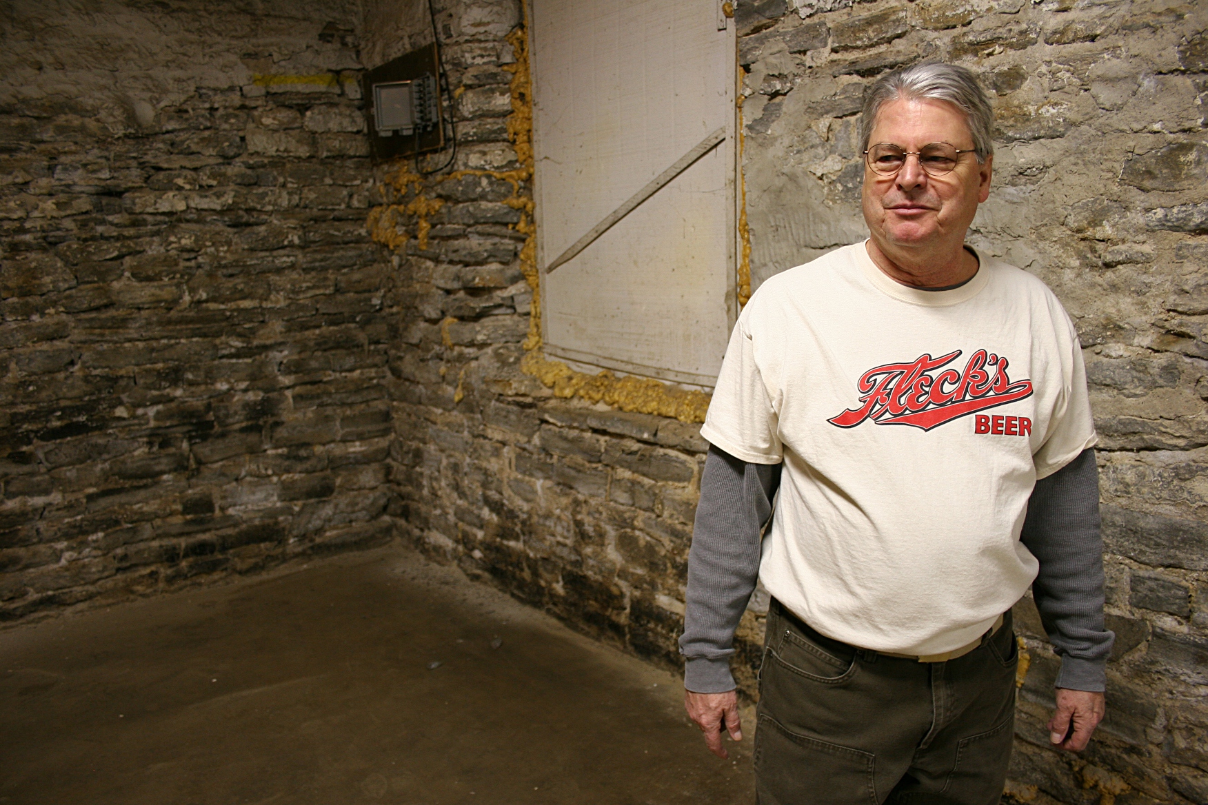 David Hvistendahl, from whom Patriot's is renting space for the brewery, sports a Fleck's beer t-shirt. A line of Fleck's Hvistendahl and a partner plan to eventually open an event center int he space above the brewery. 