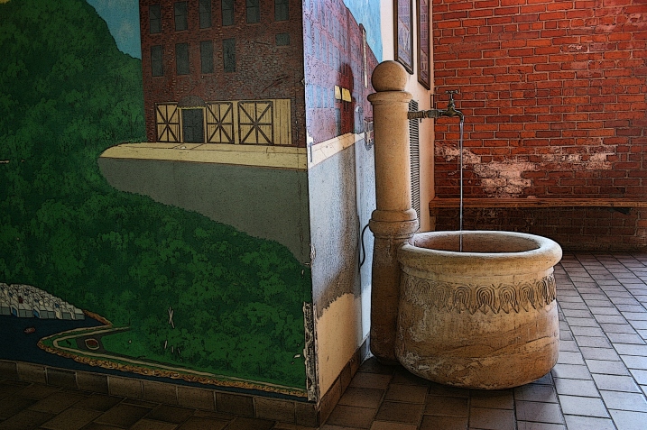 One of the first things I spotted inside an entry, this lovely water feature around the corner from the Red Wing cityscape painting above.