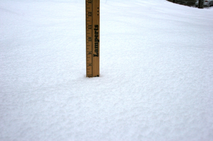 Our measurements showed seven inches. I expect we got closer to a a foot of snow since it began falling Wednesday afternoon.