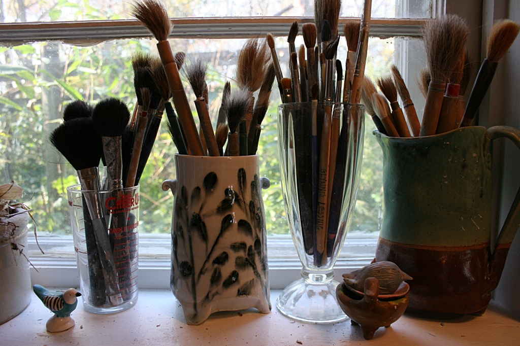Tools of the trade on a milkhouse windowsill.