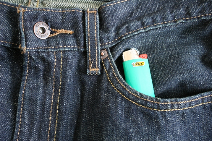 Surprise. These jeans purchased at Target came with a Bic lighter stashed inside a front pocket and repositioned in this staged photo.