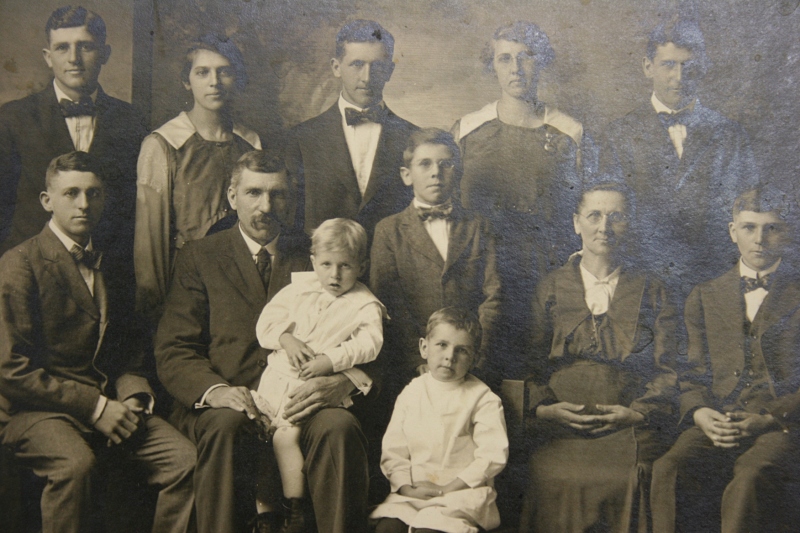 Karl Jr. and Anna Bode, their nine children and a daughter-in-law. That's by grandpa, Lawrence (originally spelled Lorenz) in the front row in the white dress.