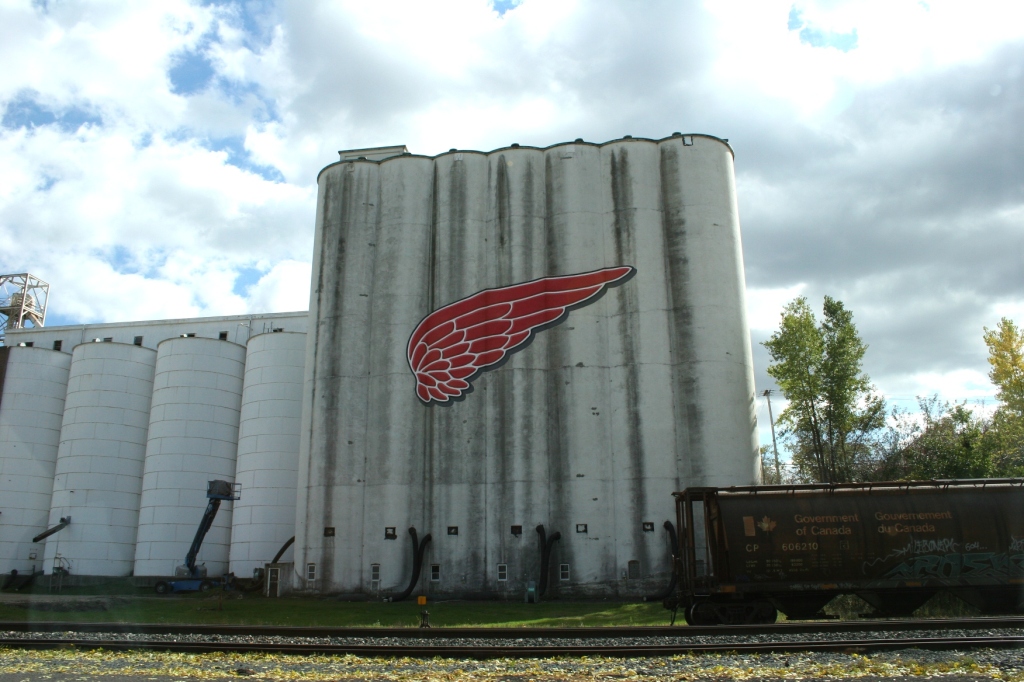 The iconic Red Wing logo graces a grain elevator.
