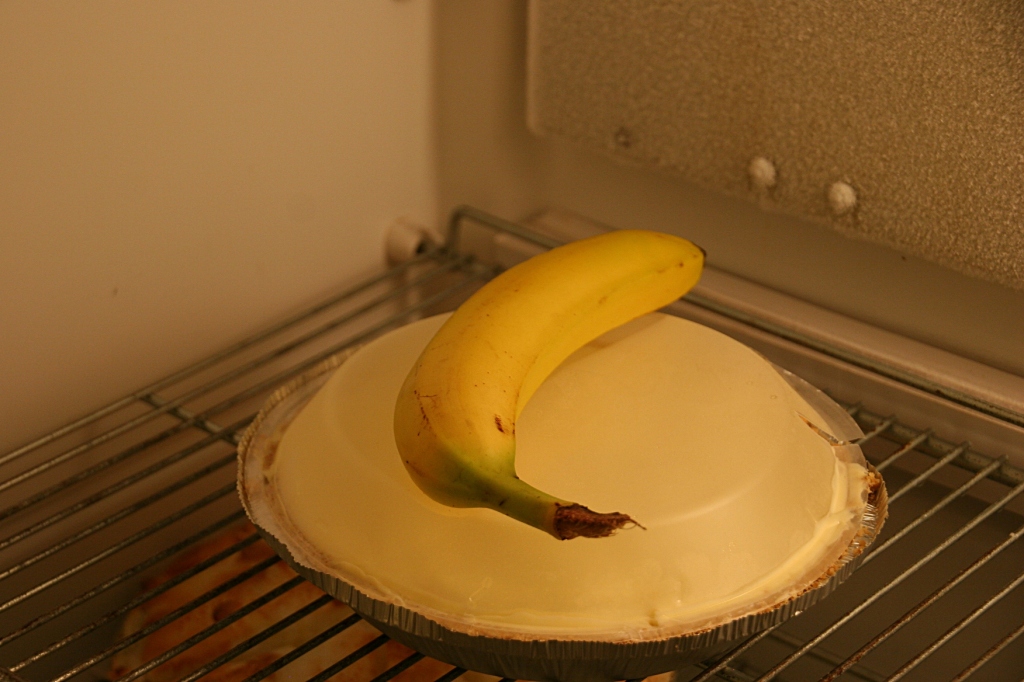 Banana cream pie inside a Pie Room fridge.