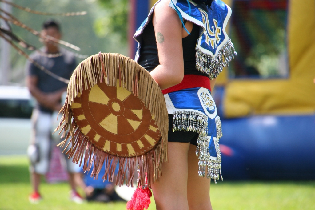 An Aztec dancer's costume details.