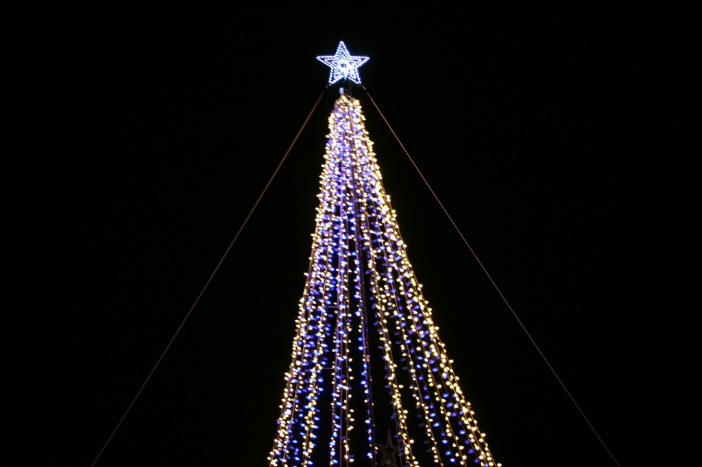 Holiday lights, 14 star atop tree