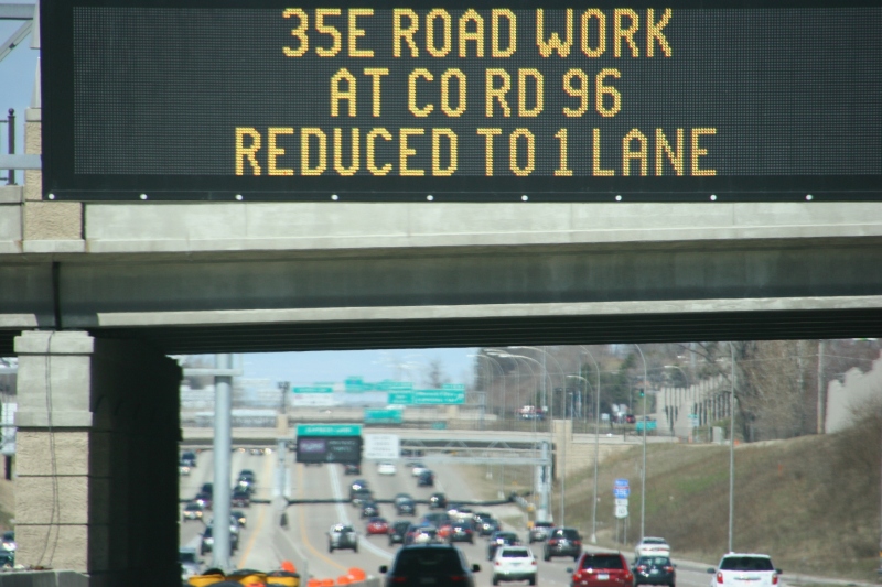 A sign near St. Paul flashes road construction info.