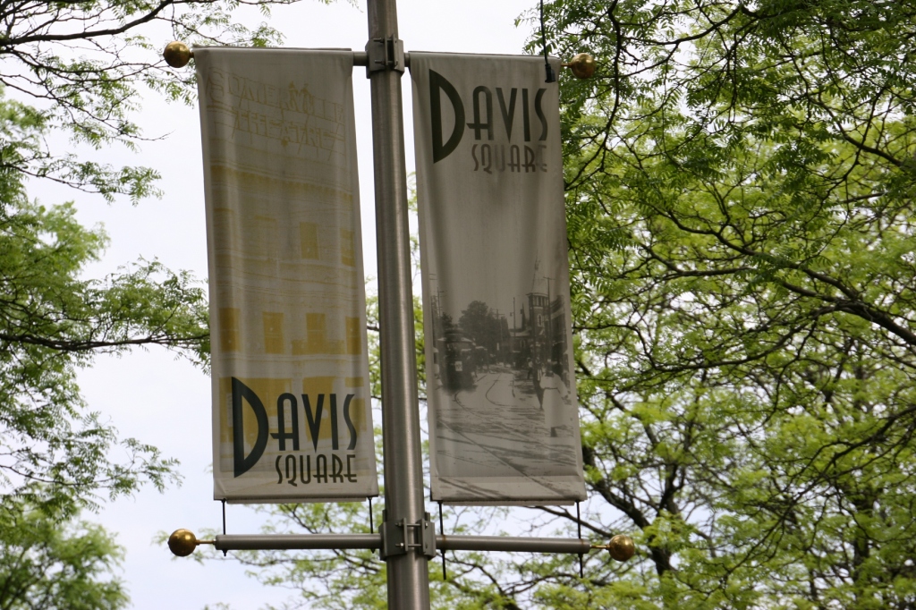 Banners mark Davis Square in Somerville, Massachusetts.